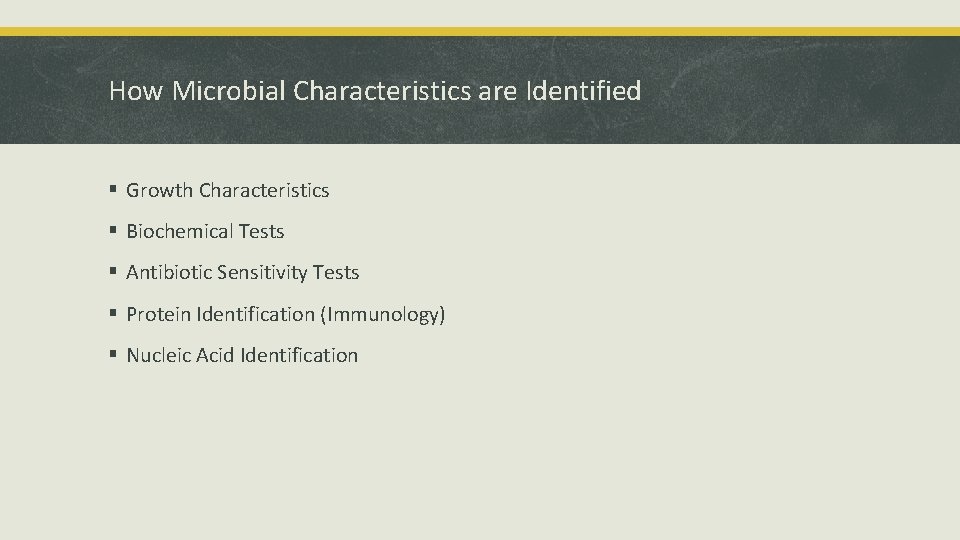 How Microbial Characteristics are Identified § Growth Characteristics § Biochemical Tests § Antibiotic Sensitivity