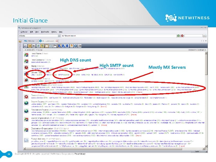Initial Glance High DNS count 29 Copyright 2010 © All rights reserved. Net. Witness