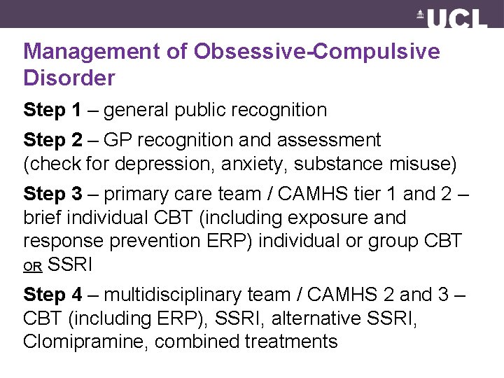 Management of Obsessive-Compulsive Disorder Step 1 – general public recognition Step 2 – GP