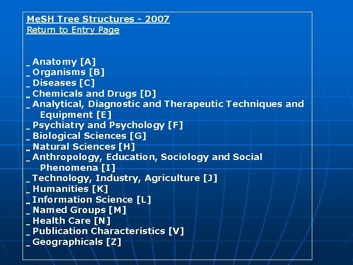Me. SH Tree Structures - 2007 Return to Entry Page Anatomy [A] Organisms [B]