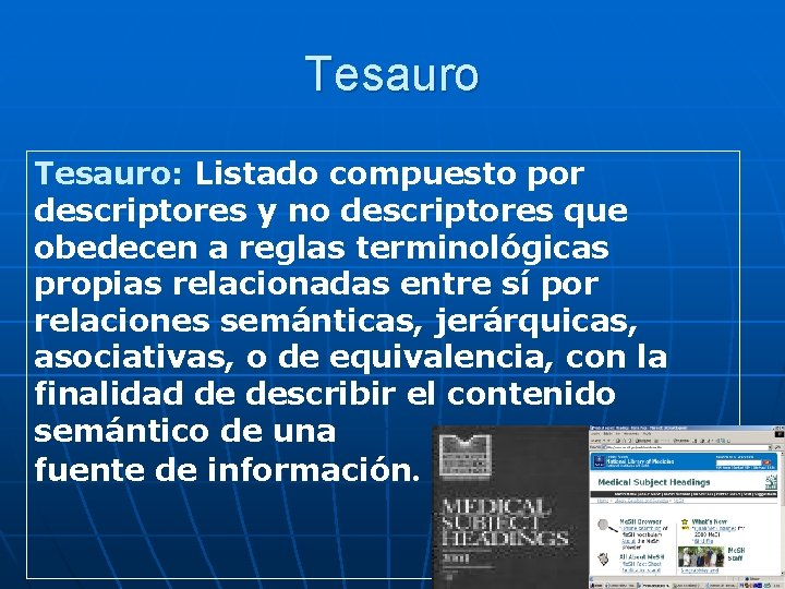 Tesauro: Listado compuesto por descriptores y no descriptores que obedecen a reglas terminológicas propias