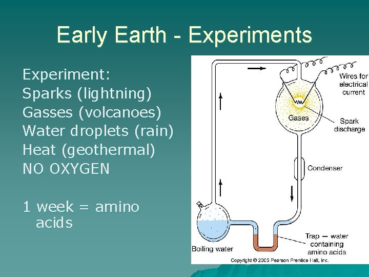 Early Earth - Experiments Experiment: Sparks (lightning) Gasses (volcanoes) Water droplets (rain) Heat (geothermal)