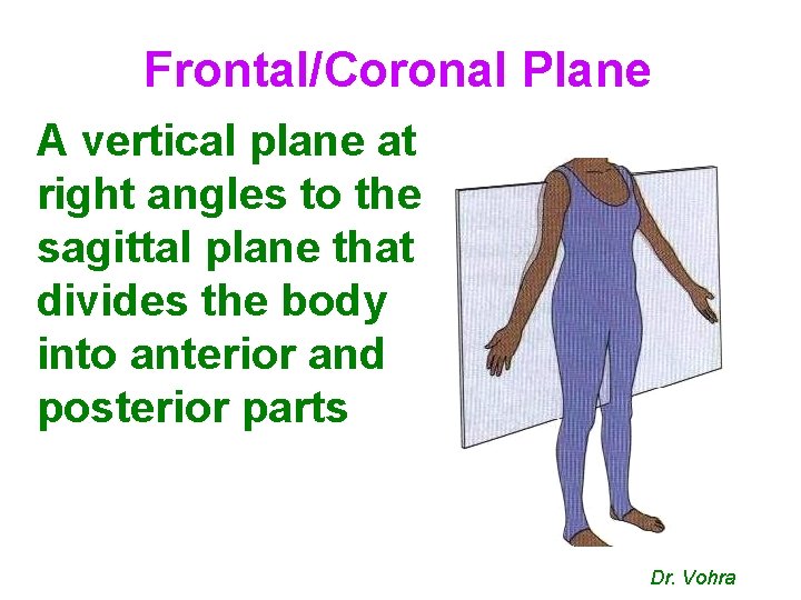 Frontal/Coronal Plane A vertical plane at right angles to the sagittal plane that divides