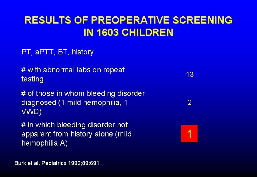RESULTS OF PREOPERATIVE SCREENING IN 1603 CHILDREN PT, a. PTT, BT, history # with