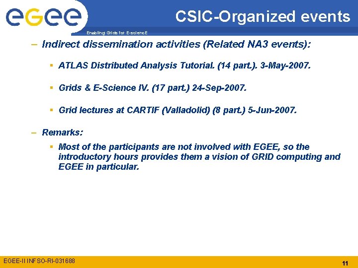 CSIC-Organized events Enabling Grids for E-scienc. E – Indirect dissemination activities (Related NA 3