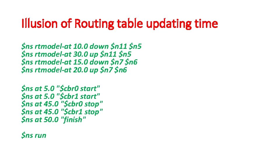 Illusion of Routing table updating time $ns rtmodel-at 10. 0 down $n 11 $n