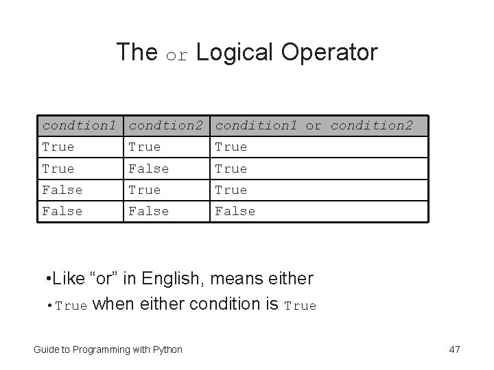 The or Logical Operator condtion 1 condtion 2 condition 1 or condition 2 True