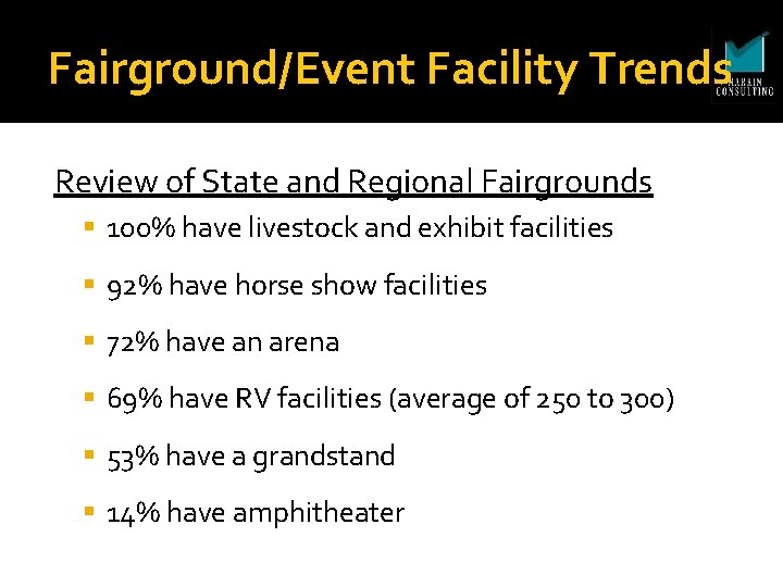 Fairground/Event Facility Trends Review of State and Regional Fairgrounds 100% have livestock and exhibit