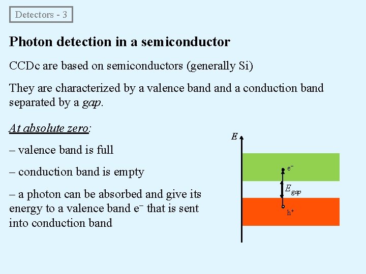Detectors - 3 Photon detection in a semiconductor CCDc are based on semiconductors (generally