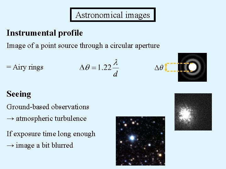 Astronomical images Instrumental profile Image of a point source through a circular aperture =