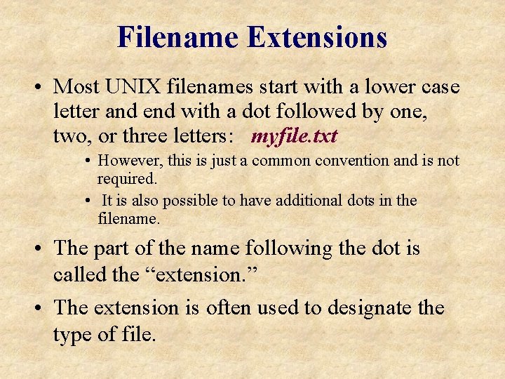 Filename Extensions • Most UNIX filenames start with a lower case letter and end