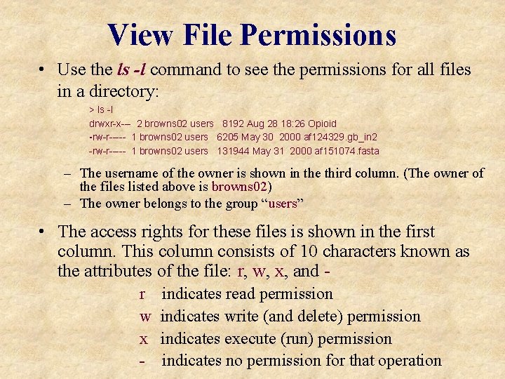 View File Permissions • Use the ls -l command to see the permissions for