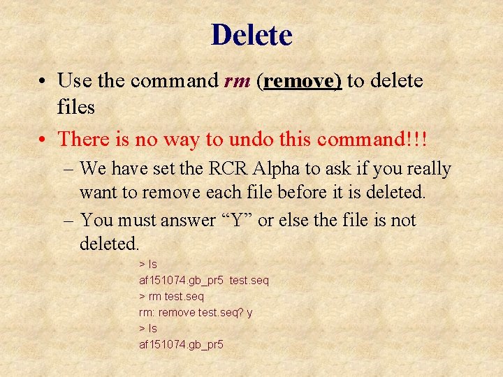 Delete • Use the command rm (remove) to delete files • There is no