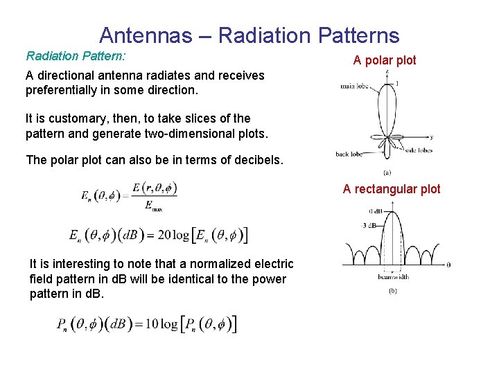 Antennas – Radiation Patterns Radiation Pattern: A polar plot A directional antenna radiates and