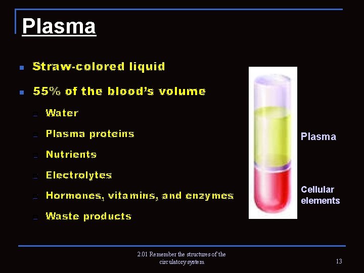 Plasma n Straw-colored liquid n 55% of the blood’s volume q Water q Plasma
