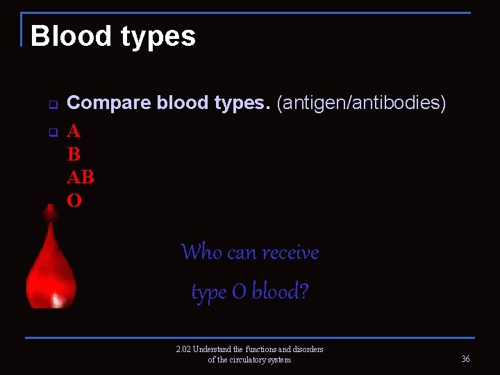 Blood types q q Compare blood types. (antigen/antibodies) A B AB O Who can