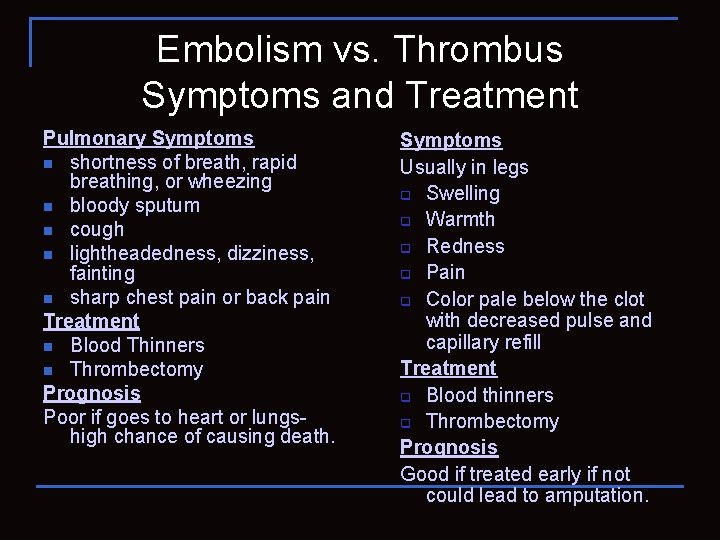 Embolism vs. Thrombus Symptoms and Treatment Pulmonary Symptoms n shortness of breath, rapid breathing,