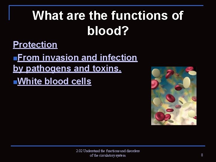 What are the functions of blood? Protection n. From invasion and infection by pathogens