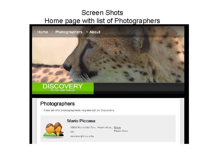 Screen Shots Home page with list of Photographers Screen Shots Home page with list of Photographers