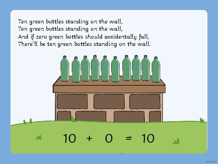 Ten green bottles standing on the wall, And if zero green bottles should accidentally