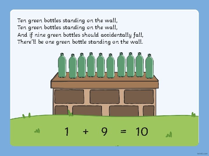 Ten green bottles standing on the wall, And if nine green bottles should accidentally