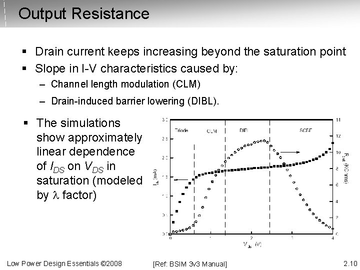 Output Resistance § Drain current keeps increasing beyond the saturation point § Slope in