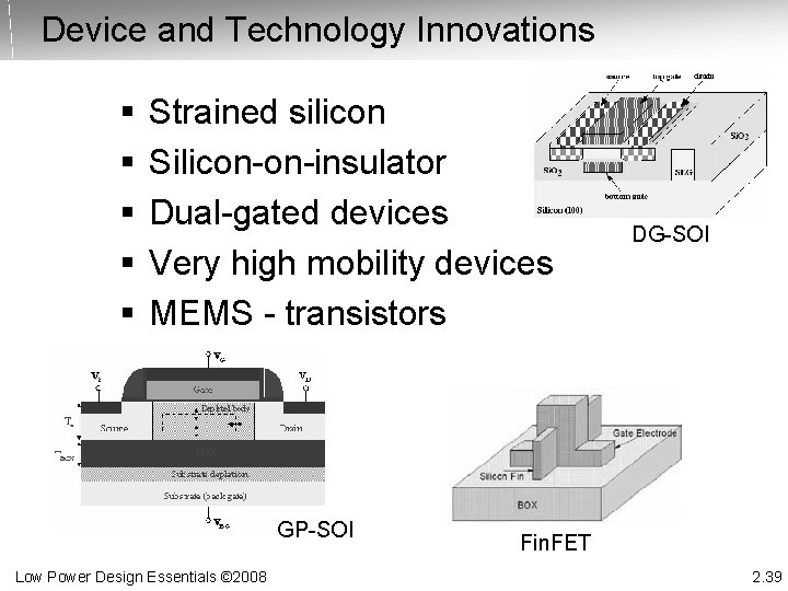 Device and Technology Innovations § § § Strained silicon Silicon-on-insulator Dual-gated devices Very high
