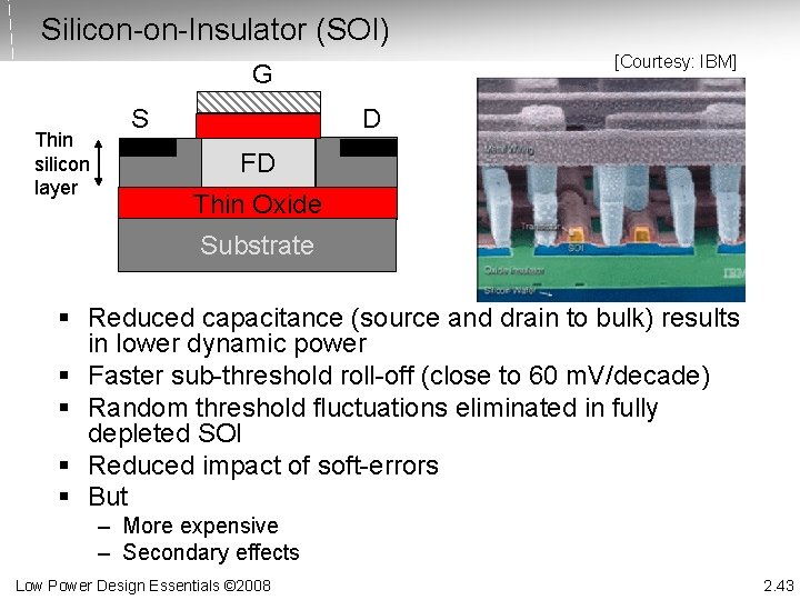 Silicon-on-Insulator (SOI) [Courtesy: IBM] G Thin silicon layer S D FD Thin Oxide Substrate