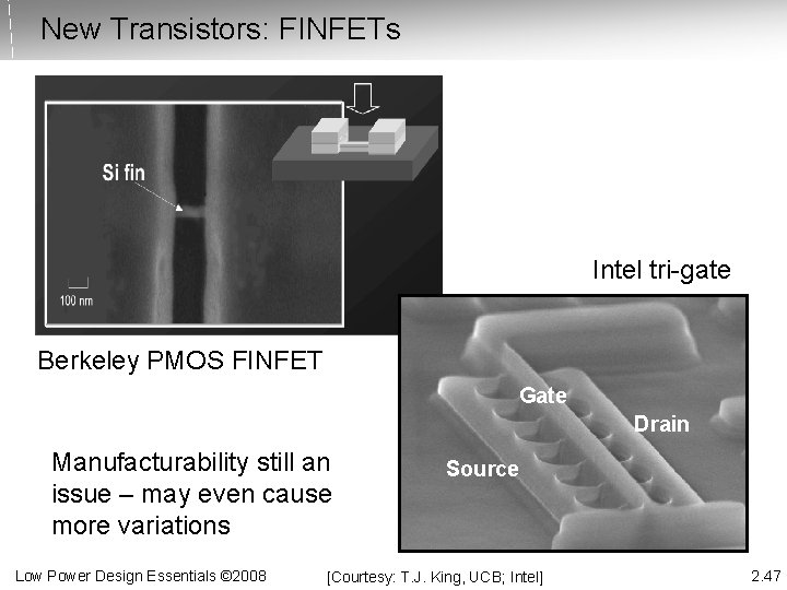 New Transistors: FINFETs Intel tri-gate Berkeley PMOS FINFET Gate Drain Manufacturability still an issue