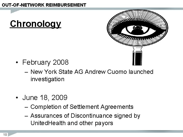 OUT-OF-NETWORK REIMBURSEMENT Chronology • February 2008 – New York State AG Andrew Cuomo launched