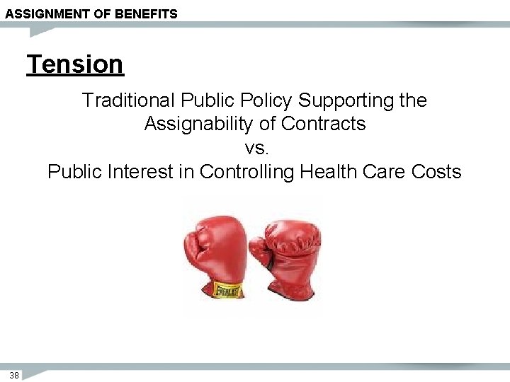 ASSIGNMENT OF BENEFITS Tension Traditional Public Policy Supporting the Assignability of Contracts vs. Public