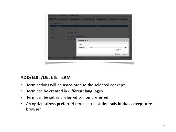 ADD/EDIT/DELETE TERM • • Term actions will be associated to the selected concept Term