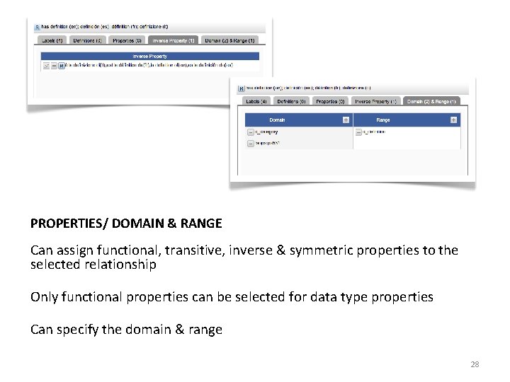 PROPERTIES/ DOMAIN & RANGE Can assign functional, transitive, inverse & symmetric properties to the