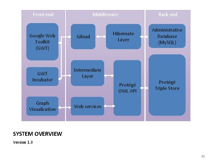 Front end Google Web Toolkit (GWT) GWT Incubator Graph Visualization Middleware Gilead Back end