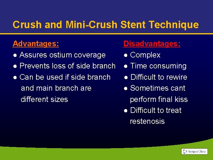 Crush and Mini-Crush Stent Technique Advantages: ● Assures ostium coverage ● Prevents loss of