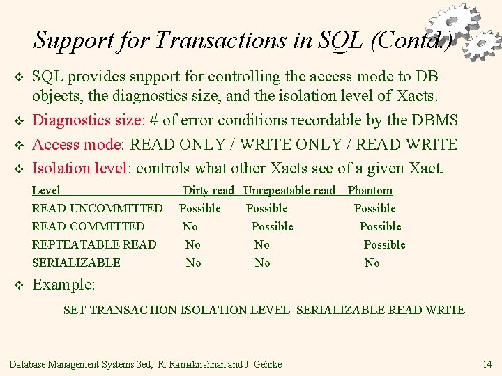 Support for Transactions in SQL (Contd. ) v v SQL provides support for controlling