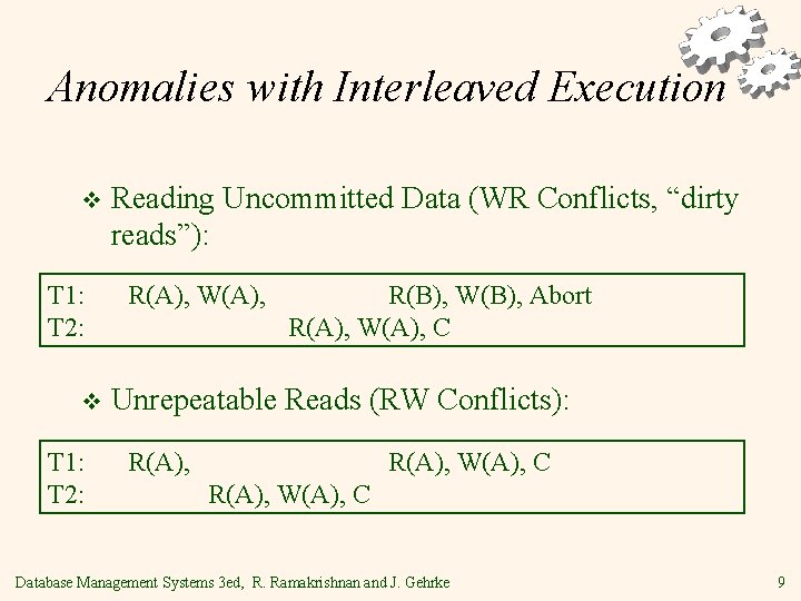 Anomalies with Interleaved Execution v T 1: T 2: Reading Uncommitted Data (WR Conflicts,