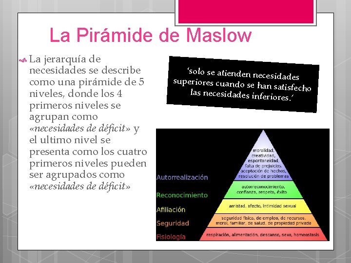La Pirámide de Maslow La jerarquía de necesidades se describe como una pirámide de
