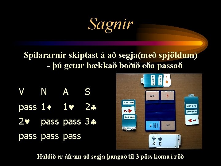 Sagnir Spilararnir skiptast á að segja(með spjöldum) - þú getur hækkað boðið eða passað