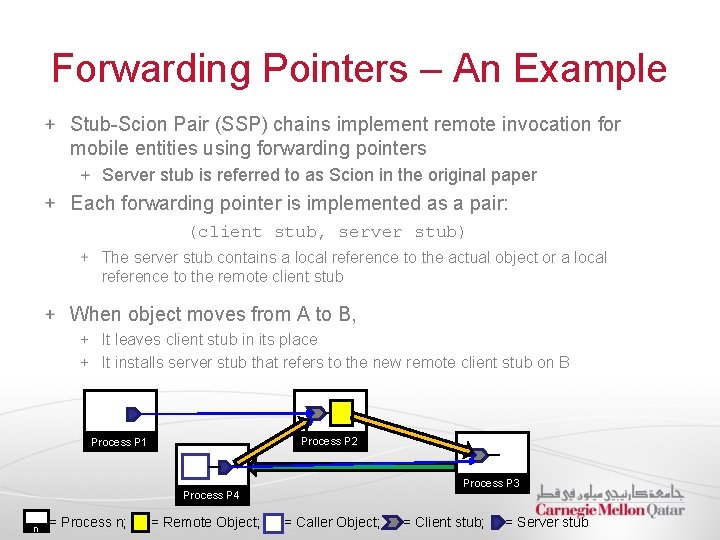 Forwarding Pointers – An Example Stub-Scion Pair (SSP) chains implement remote invocation for mobile