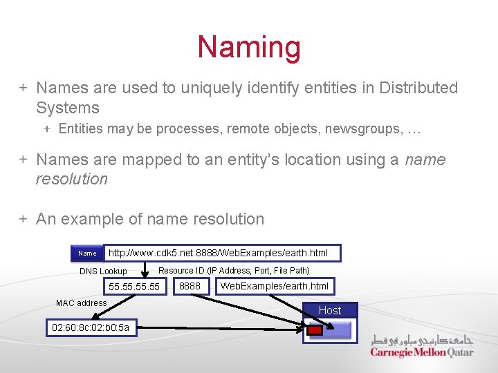 Naming Names are used to uniquely identify entities in Distributed Systems Entities may be