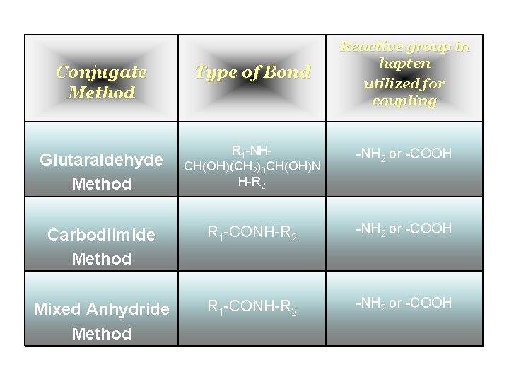 Conjugate Method Type of Bond Reactive group in hapten utilized for coupling R 1