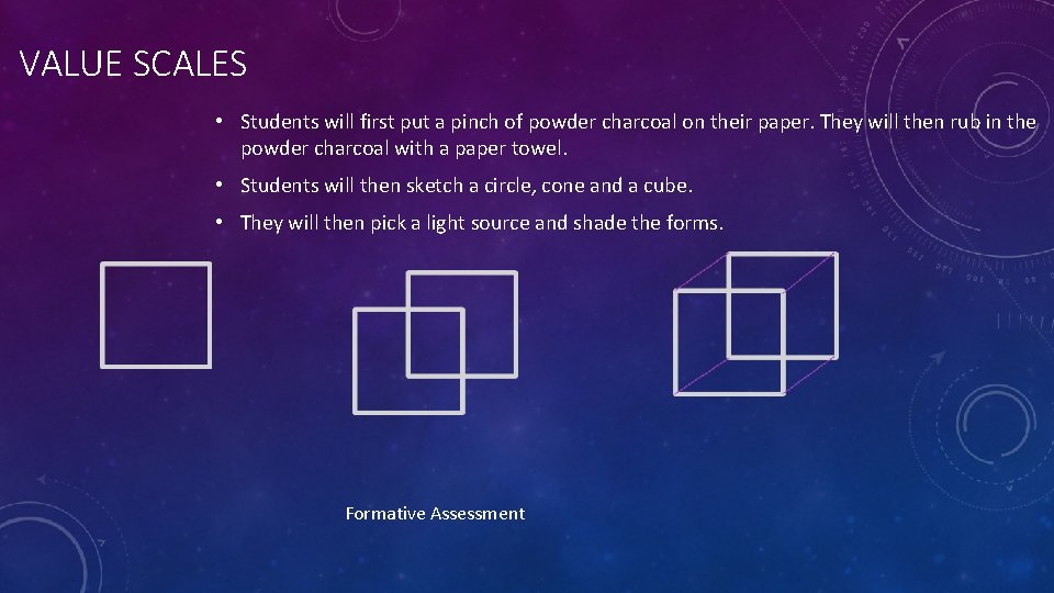 VALUE SCALES • Students will first put a pinch of powder charcoal on their