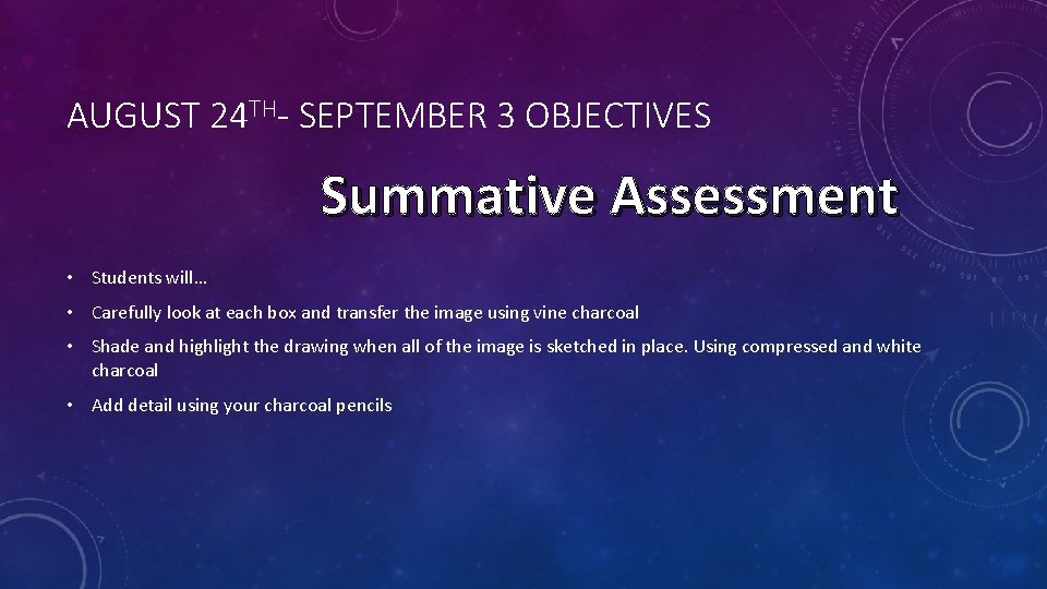 AUGUST 24 TH- SEPTEMBER 3 OBJECTIVES Summative Assessment • Students will… • Carefully look