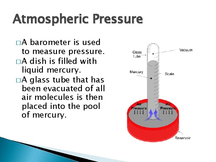 Atmospheric Pressure �A barometer is used to measure pressure. � A dish is filled