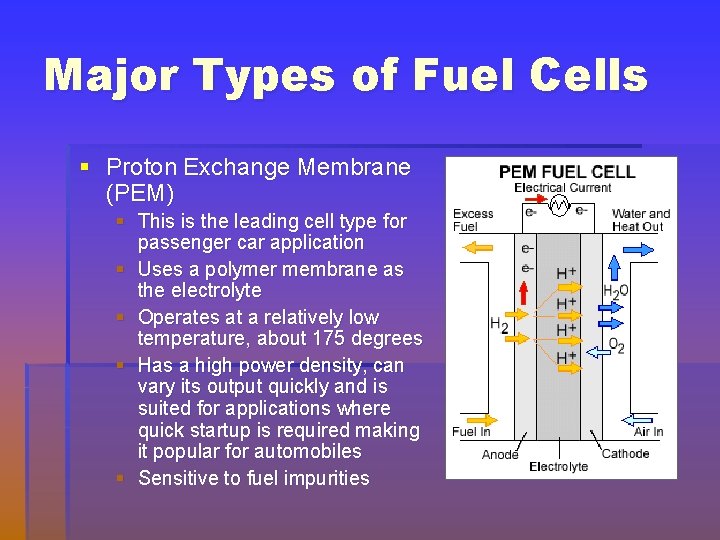 Major Types of Fuel Cells § Proton Exchange Membrane (PEM) § This is the