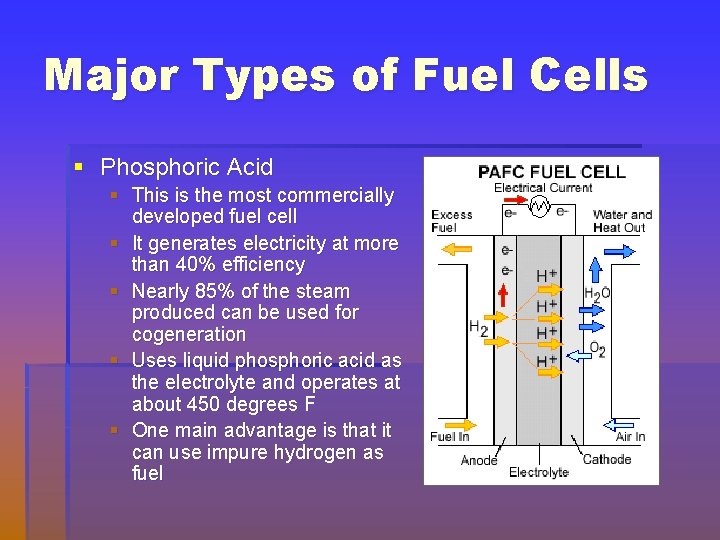 Major Types of Fuel Cells § Phosphoric Acid § This is the most commercially