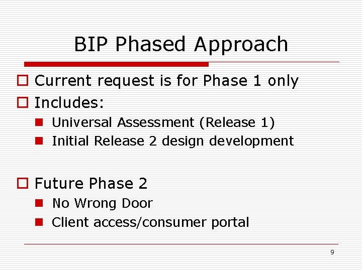 BIP Phased Approach o Current request is for Phase 1 only o Includes: n