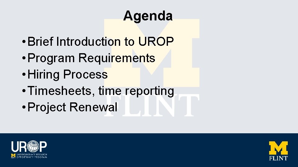 Agenda • Brief Introduction to UROP • Program Requirements • Hiring Process • Timesheets,