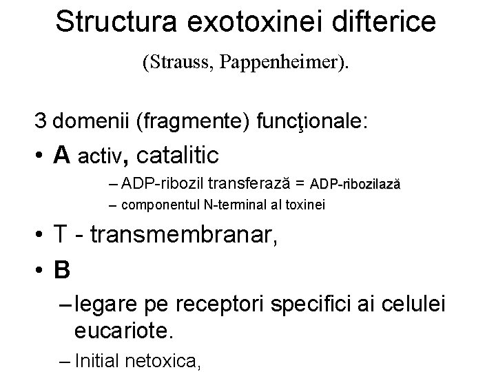 Structura exotoxinei difterice (Strauss, Pappenheimer). 3 domenii (fragmente) funcţionale: • A activ, catalitic –